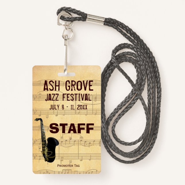 Event Badge For Access To Music Jazz Festival ID Badge (Front with Lanyard)