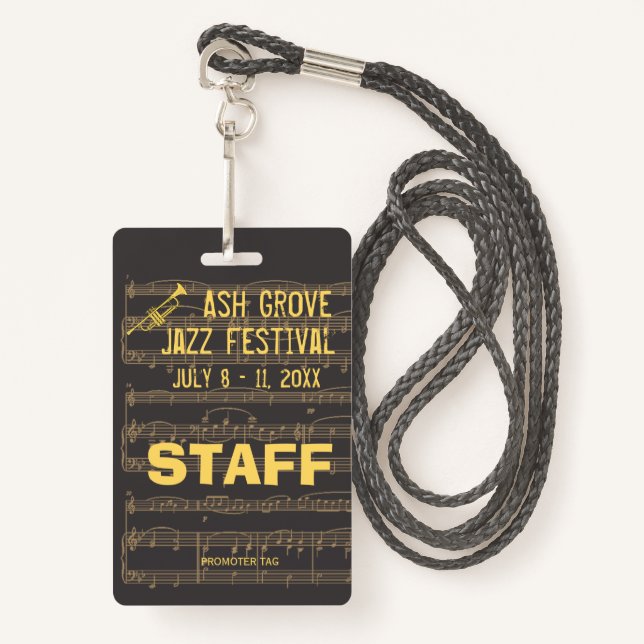 Event Badge For Access To Music Jazz Themed Event ID Badge (Front with Lanyard)
