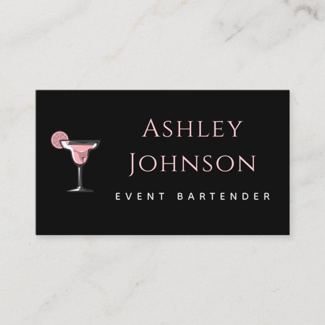 Event Bartender Glamourous Cocktail Drink Black Business Card (Front)