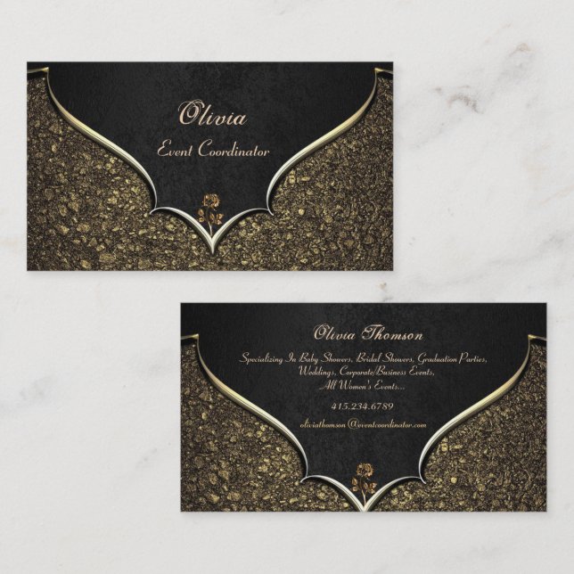 Event Coordinator Elegant Black & Gold Rose  Business Card (Front/Back)