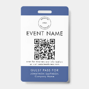 Event Logo QR Code Guest Pass Name Blue White ID Badge