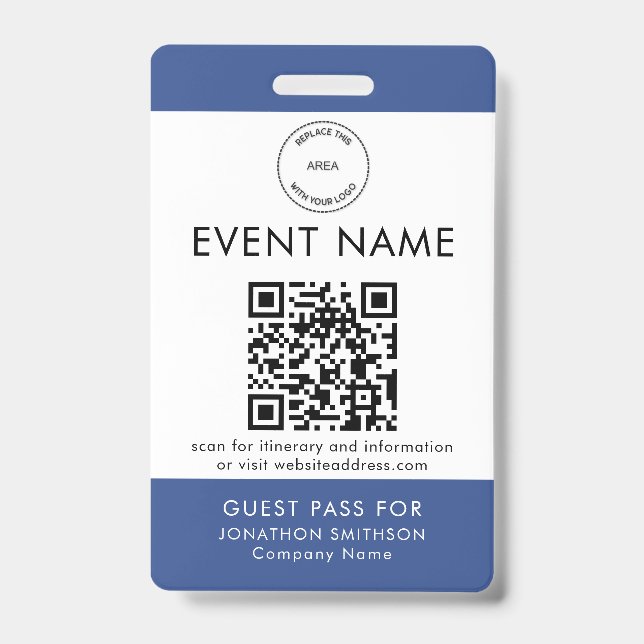 Event Logo QR Code Guest Pass Name Blue White ID Badge (Front)