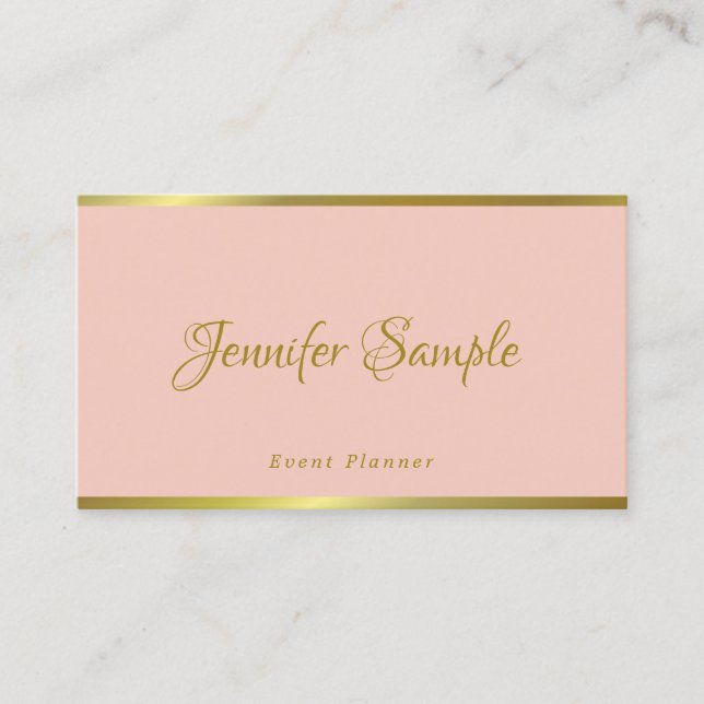 Event Modern Handwritten Script Elegant Pink Gold Business Card (Front)