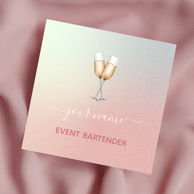 Event Party Bartender Champagne Glass Pink Ombre Square Business Card (Creator Uploaded)