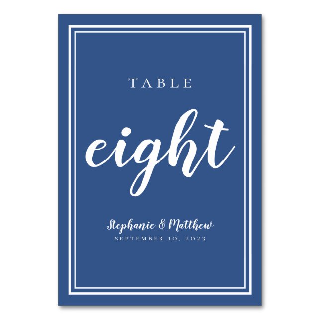 Event Party Eight Blue & White Simple Wedding Table Number (Front)