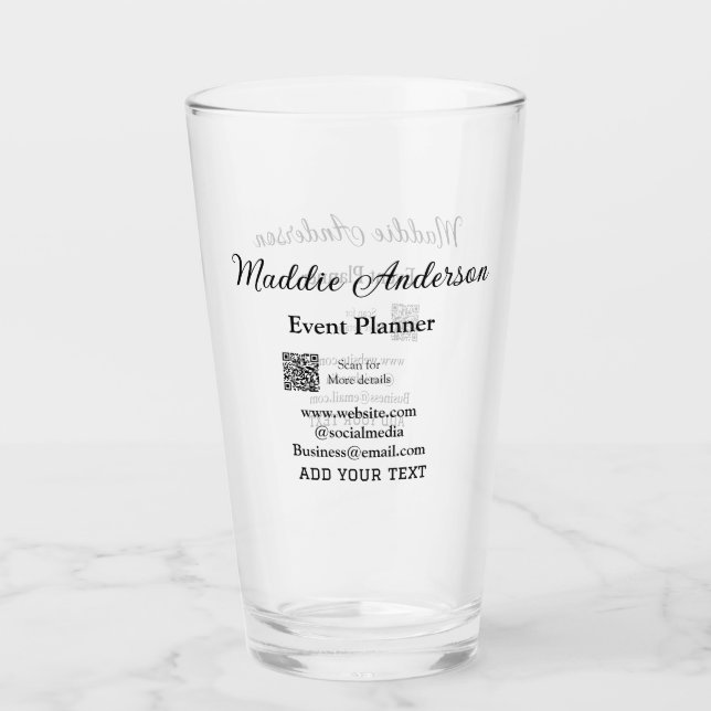 Event planner add name Q R code details website em Glass (Front)