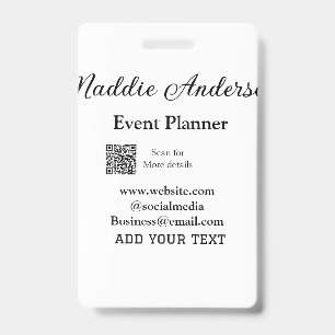 Event planner add name Q R code details website em ID Badge