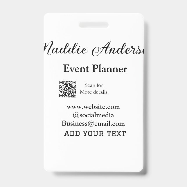 Event planner add name Q R code details website em ID Badge (Front)