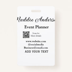 Event planner add name Q R code details website em ID Badge