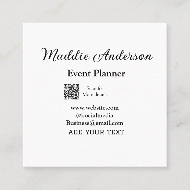 Event planner add name Q R code details website em Square Business Card (Front)