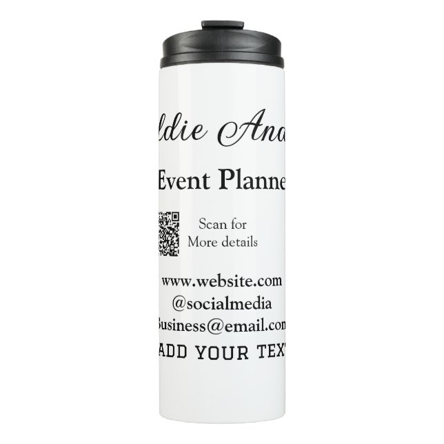 Event planner add name Q R code details website em Thermal Tumbler (Front)