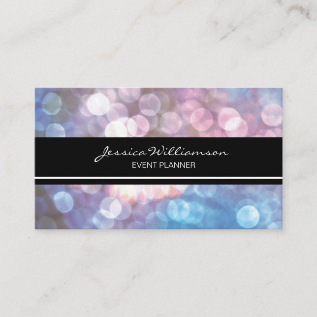 Event Planner bokeh, sparkle, trendy Business Card (Front)