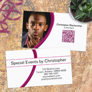 Event Planner Burgundy White Custom Photo QR Code  Business Card
