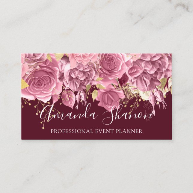 Event Planner Drips Roses QR Code Logo Burgundy  Business Card (Front)