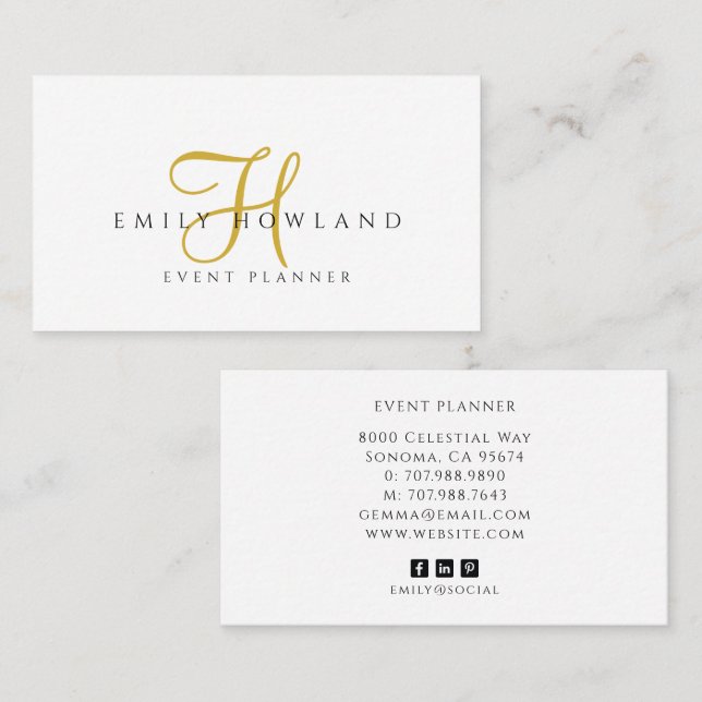 Event Planner Gold Script Monogram Name  Business Card (Front/Back)