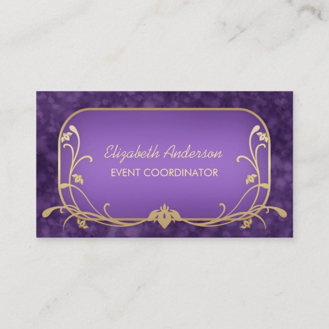Event Planner Luxury Purple and Gold Floral Swirls Business Card (Front)