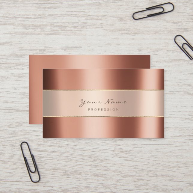 Event Planner Metallic Minimal Stripes Copper Rose Business Card (Front/Back In Situ)
