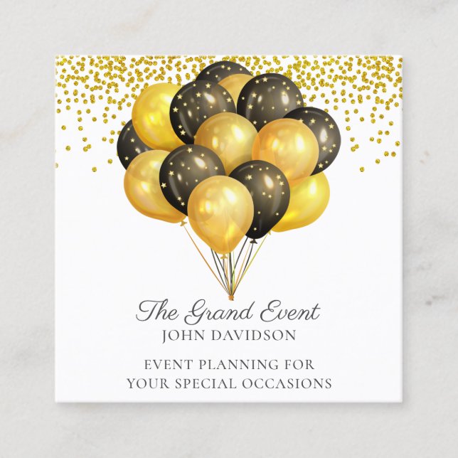 Event Planner Modern Gold Black Balloons Glitter B Square Business Card (Front)