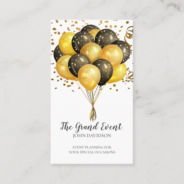 Event Planner Modern Gold Black Balloons Glitter Business Card (Front)