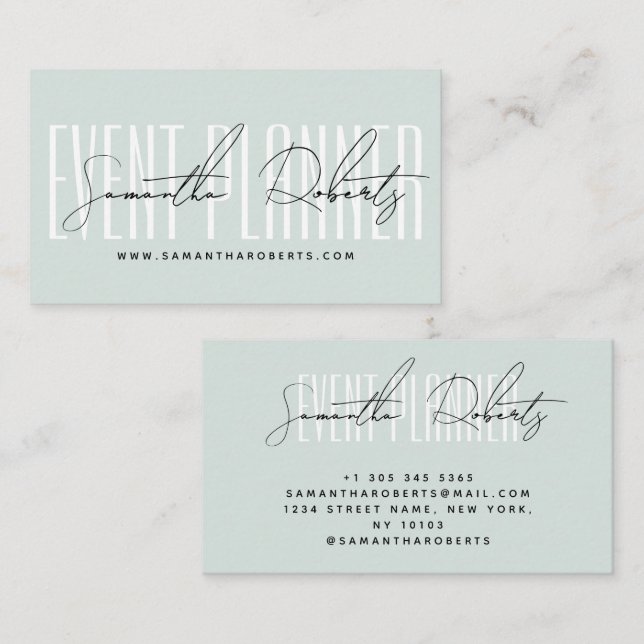 Event planner modern typography script blue business card (Front/Back)
