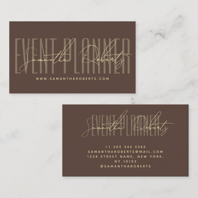 Event planner modern typography script brown business card (Front/Back)