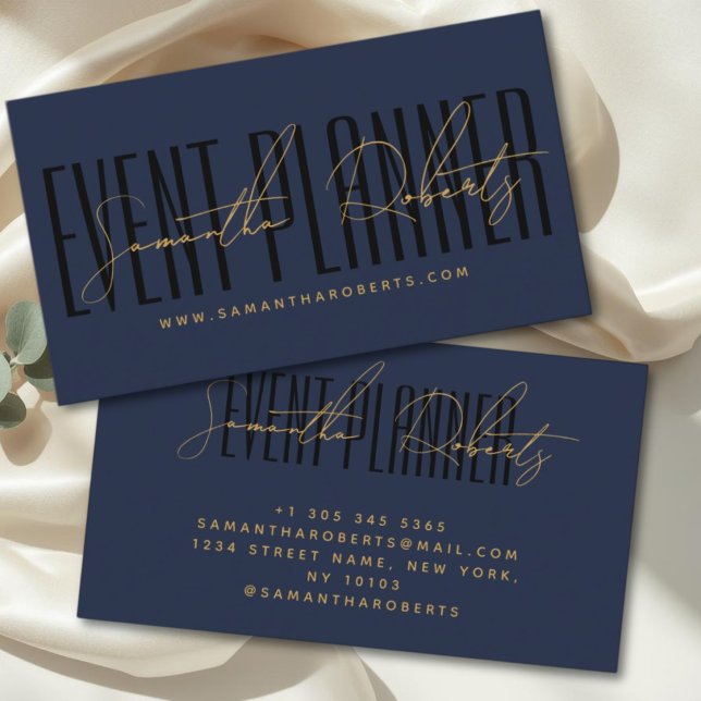 Event planner modern typography script navy blue business card (Creator Uploaded)