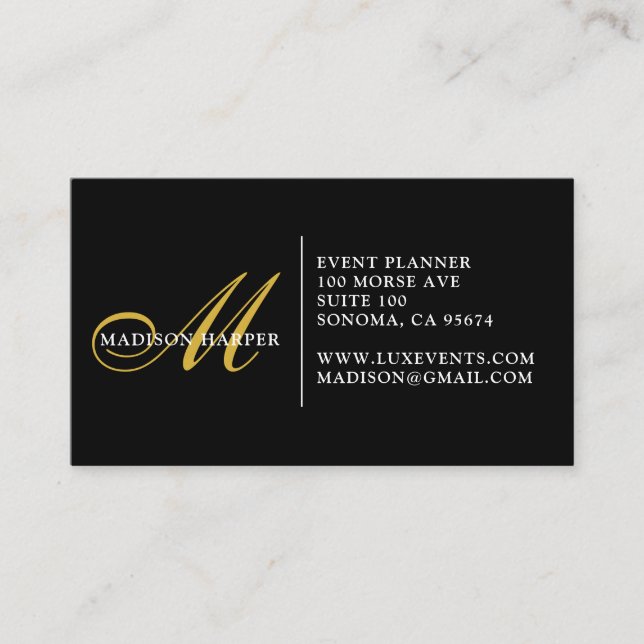 Event Planner Monogram Gold Black Script Name Business Card (Front)