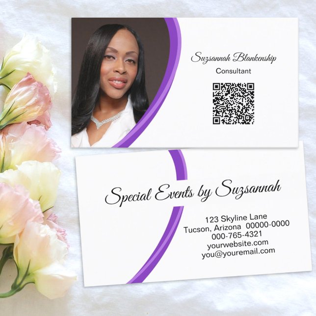 Event Planner Purple White Custom Photo QR Code  Business Card (Creator Uploaded)
