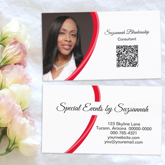 Event Planner Red White Custom Photo QR Code  Business Card (Creator Uploaded)