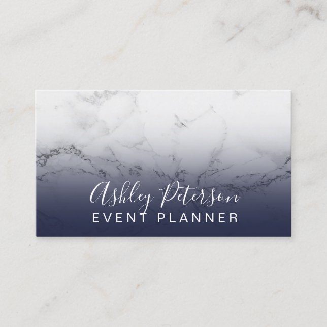 Event planner typography marble navy blue business card (Front)