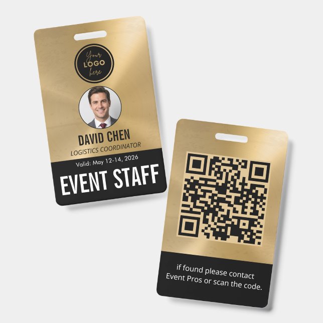 Event Staff ID Badge - Metallic Gold Black (Front & Back)