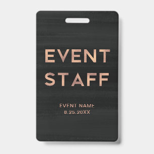 Event Staff   Modern Faux Rose Gold on Black ID Badge