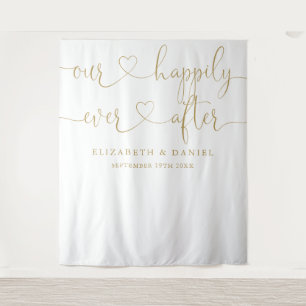 Ever After Gold Heart Wedding Photo Backdrop Tapestry