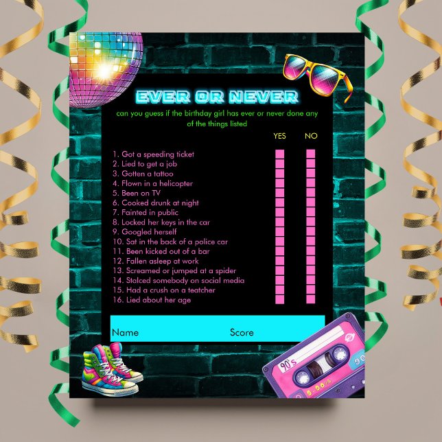 Ever or Never 90s Neon Disco Birthday Game (Creator Uploaded)