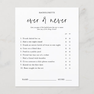 Ever or Never   Bachelorette Party Game Card