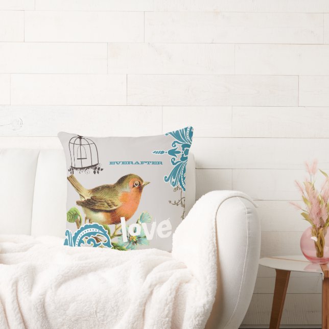 Everafter Bride Teal Coral Grey Cute Bird Birdcage Cushion (Couch)