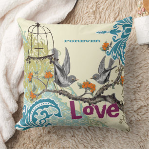 Everafter Bride Teal Lime Coral Plum Bird Birdcage Cushion
