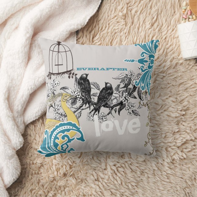 Everafter Bride Teal Yellow Grey Peacock Birdcage Cushion (Blanket)