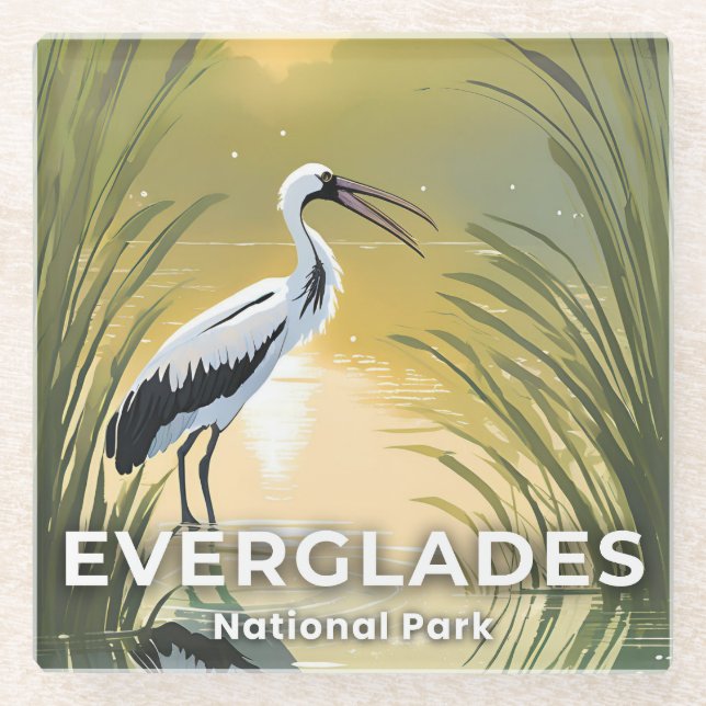 Everglades National Park | Watercolor Stork Glass Coaster (Front)