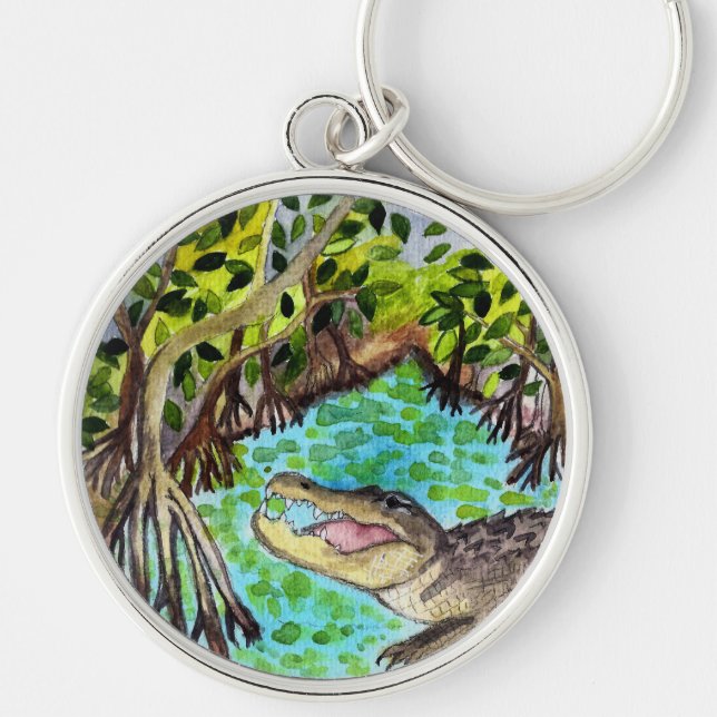 Everglades Watercolor Crocodile Alligator Florida Key Ring (Front)