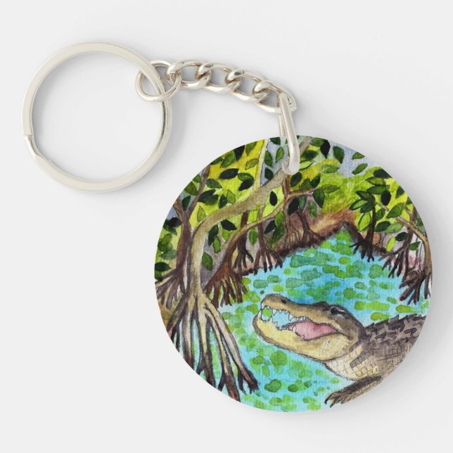 Everglades Watercolor Crocodile Alligator Florida Key Ring (Front)