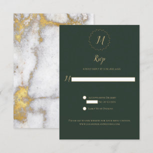 Evergreen and Gold Marble Monogram Vertical RSVP Card