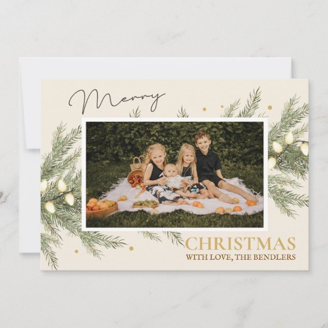Evergreen and Lights Family Photo Christmas Card (Front)