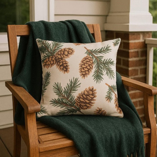Evergreen and  Pinecone  Porch / Patio   Cushion (Decorate your porch with throw pillows.  A perfect winter season decoration )