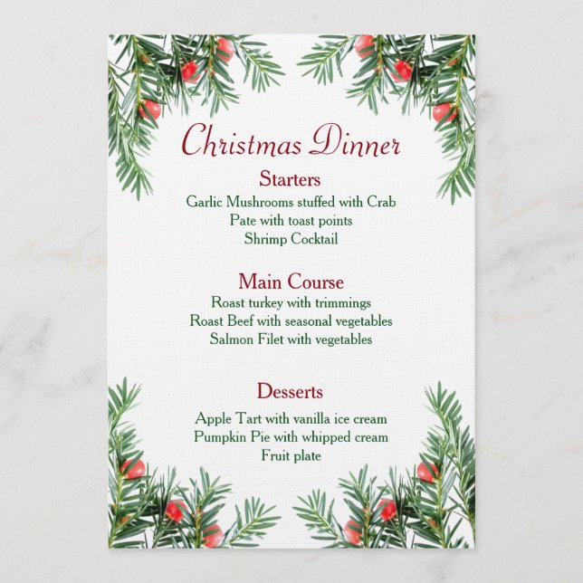 Evergreen and Red Berries Christmas Menu (Front)