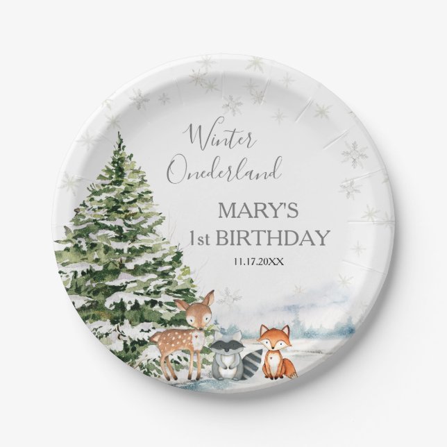 Evergreen Animal Winter Onederland Birthday Paper Plate (Front)