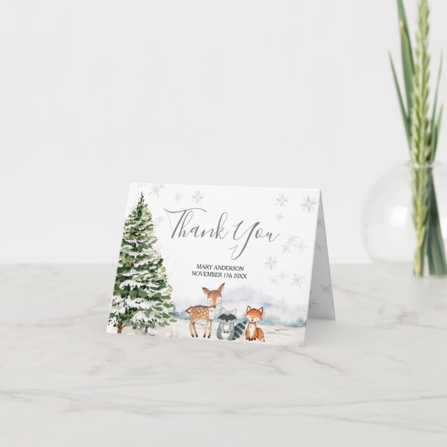 Evergreen Animal Winter Onederland Folded Thank You Card (Front)