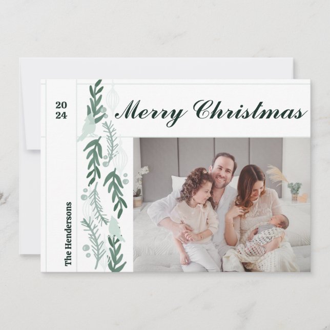 Evergreen Berry Garland Modern One Photo Christmas Holiday Card (Front)