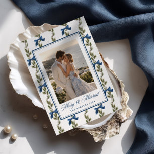 Evergreen Blue Bow Pattern Newlyweds Photo Holiday Card