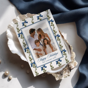 Evergreen Blue Bow Pattern Photo Holiday Card